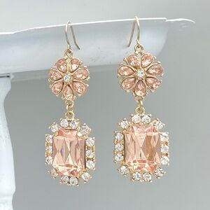PEACHY PINK Cushion Cut Rhinestone Formal Drop Earrings Flower Prom Wedding